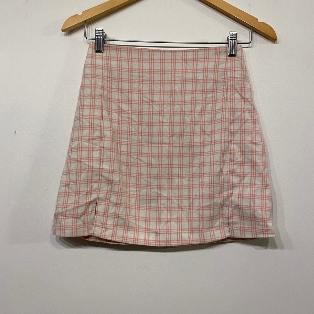 Brandy Melville Pink White Plaid Cara Mini Skirt High Waisted Slit Y2K Preppy